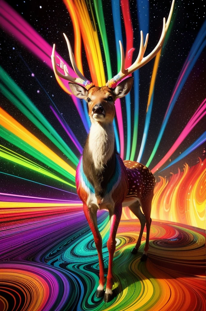 (Psychedelic paintings,A deer standing in front of a colorful swirl), ((Multiple antlers, stag, Big Head)), Vibrant colors, Agile elk,Thick Line, wave, Multi-layer, prospect, view, Fractal Thunder by Dan Mumford , Dan Mumford and Alex Gray style, Psychedelic surrealist art, Surreal psychedelic design, dream art style, illusion Psychedelic Art, infinite psychedelic wave, Inspired by Cyril Rolando Rolando), Realistic corrugated structure, Psychedelic Art style, Psychedelic Art, Psychedelic illustration--V6
