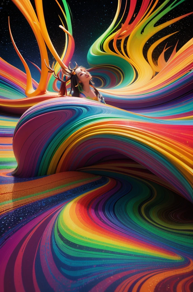 (Psychedelic paintings，A deer standing in front of a colorful swirl), ((Multiple antlers, stag, Big Head)), Vibrant colors, Agile elk，Thick Line, wave, Multi-layer, prospect, view, Fractal Thunder by Dan Mumford , Dan Mumford and Alex Gray style, Psychedelic surrealist art, Surreal psychedelic design, dream art style, illusion Psychedelic Art, infinite psychedelic wave, Inspired by Cyril Rolando Rolando), Realistic corrugated structure, Psychedelic Art style, Psychedelic Art, Psychedelic illustration--V6