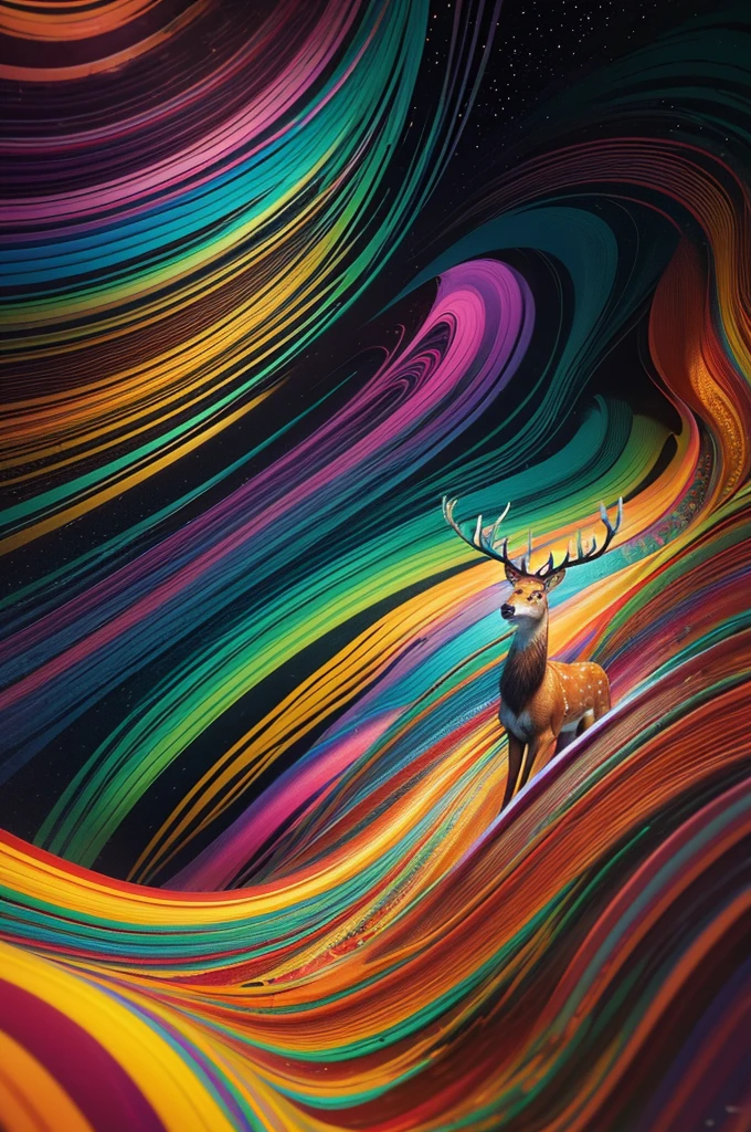 (Psychedelic paintings，A deer standing in front of a colorful swirl), ((Multiple antlers, stag, Big Head)), Vibrant colors, Agile elk，Thick Line, wave, Multi-layer, prospect, view, Fractal Thunder by Dan Mumford , Dan Mumford and Alex Gray style, Psychedelic surrealist art, Surreal psychedelic design, dream art style, illusion Psychedelic Art, infinite psychedelic wave, Inspired by Cyril Rolando Rolando), Realistic corrugated structure, Psychedelic Art style, Psychedelic Art, Psychedelic illustration--V6