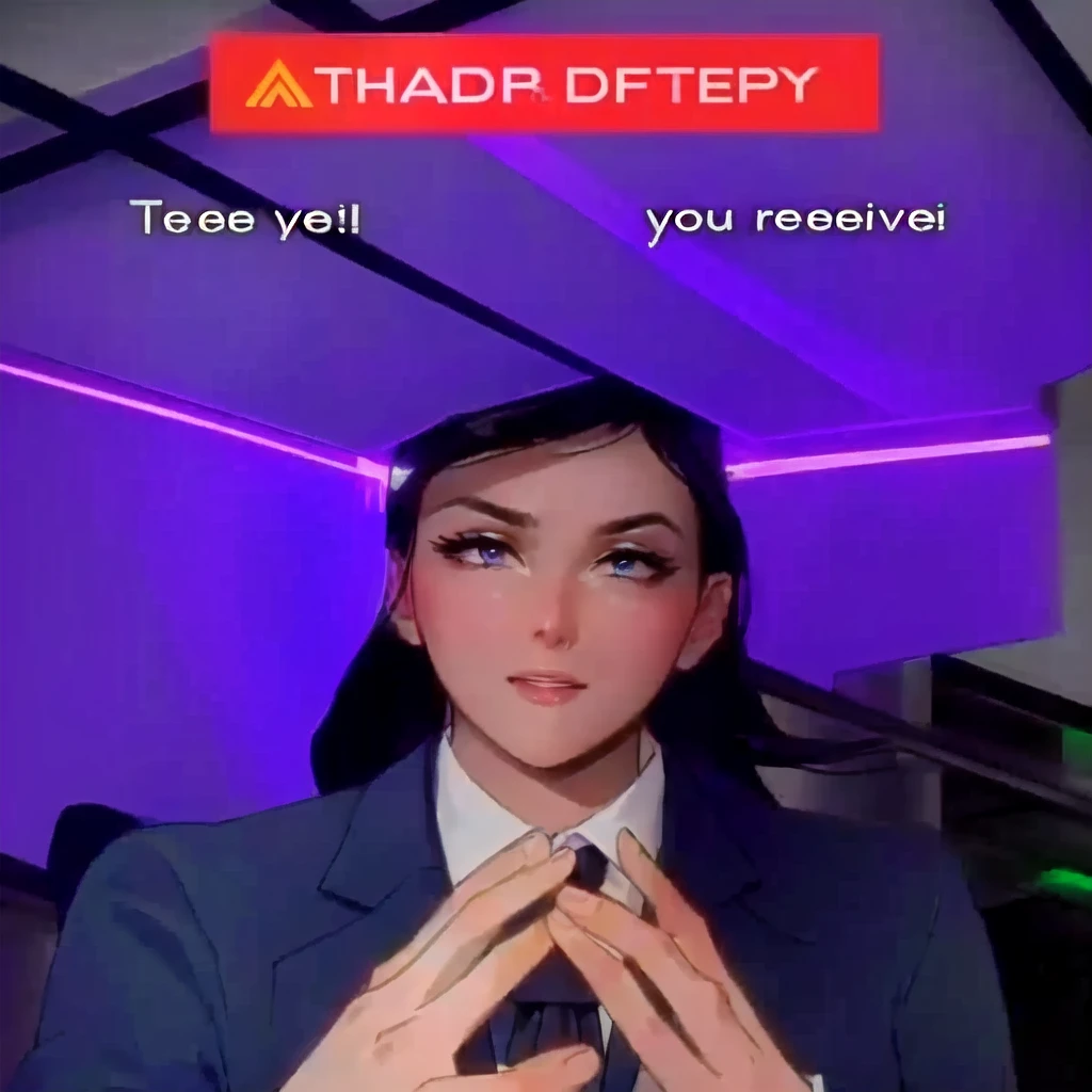 there is a woman in a suit and tie making a face, blacklight reacting, twitch streamer, very very low quality picture, his palms are sweaty