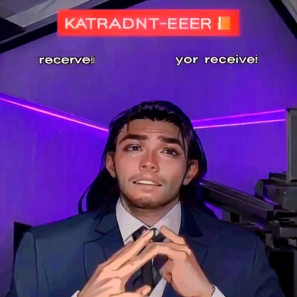 there is a woman in a suit and tie making a face, blacklight reacting, twitch streamer, very very low quality picture, his palms are sweaty
