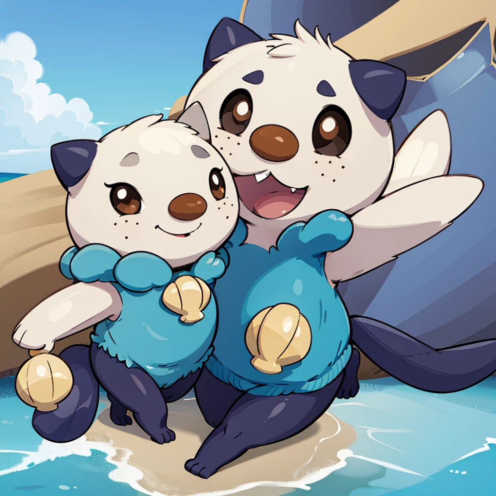 oshawott,no humans, furry, chibi, black eyes, solo, seashell, body fur, (best quality), beach background, detailed fluffy fur, looking at viewer, whiskers, smile, nose, (tail:1.1),