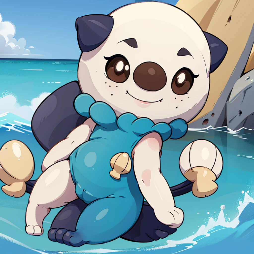 oshawott,no humans, furry, chibi, black eyes, solo, seashell, body fur, (best quality), beach background, detailed fluffy fur, looking at viewer, whiskers, smile, nose, (tail:1.1), 