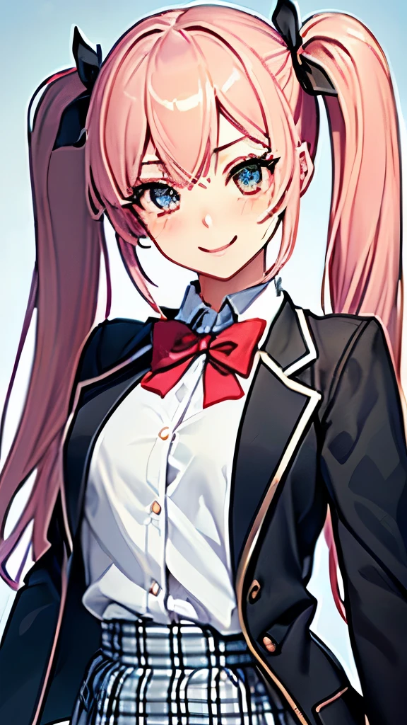 ((masterpiece, Highest quality, High resolution, 超High resolution, Pixel perfect, Depth of written boundary, 4K, RTTX 10.0, High resolution))), One girl, single, alone, Beautiful Anime Girls, Beautiful art style, Anime characters, ((Long Hair, bangs, Pink Hair, Twin tails:1.2)), ((Grey Eyes:1.4, Round eyes, Beautiful eyelashes, Realistic eyes)), ((Detailed face, Blushing:1.2)), ((Smooth texture:0.75, Realistic texture:0.65, Realistic:1.1, Anime CG Style)), Medium chest, Dynamic Angle, Perfect body, Dynamic pose, ((close, throw, cute, Shoot in the face, smile, Open your mouth)), ((Red bow tie, , Black jacket, Open jacket, White shirt, Checkered Skirt)), Cafe, holding a coffee cup, upper body shot