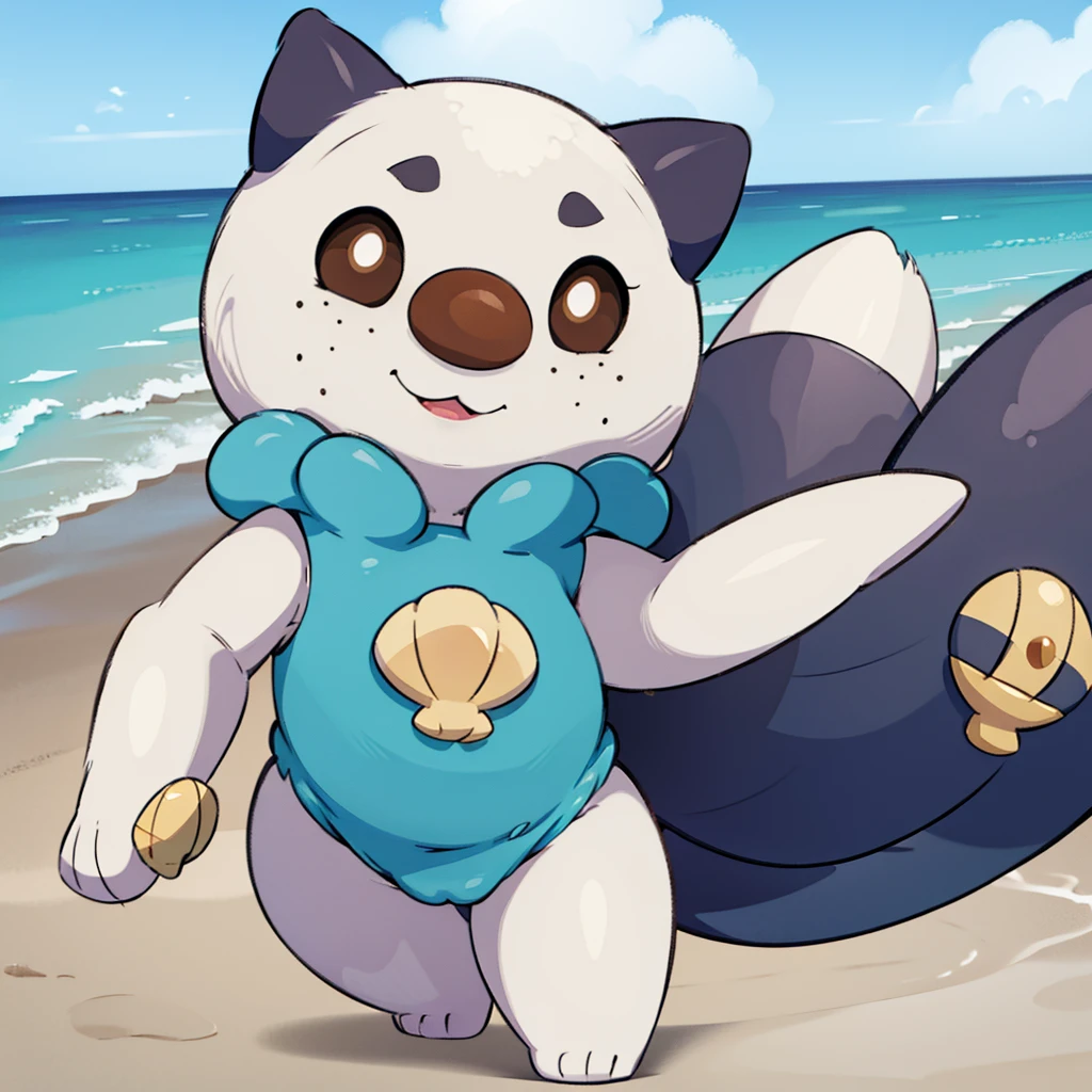 oshawott,no humans, furry, chibi, black eyes, solo, seashell, body fur, (best quality), beach background, detailed fluffy fur, looking at viewer, whiskers, smile, nose, (tail:1.1),