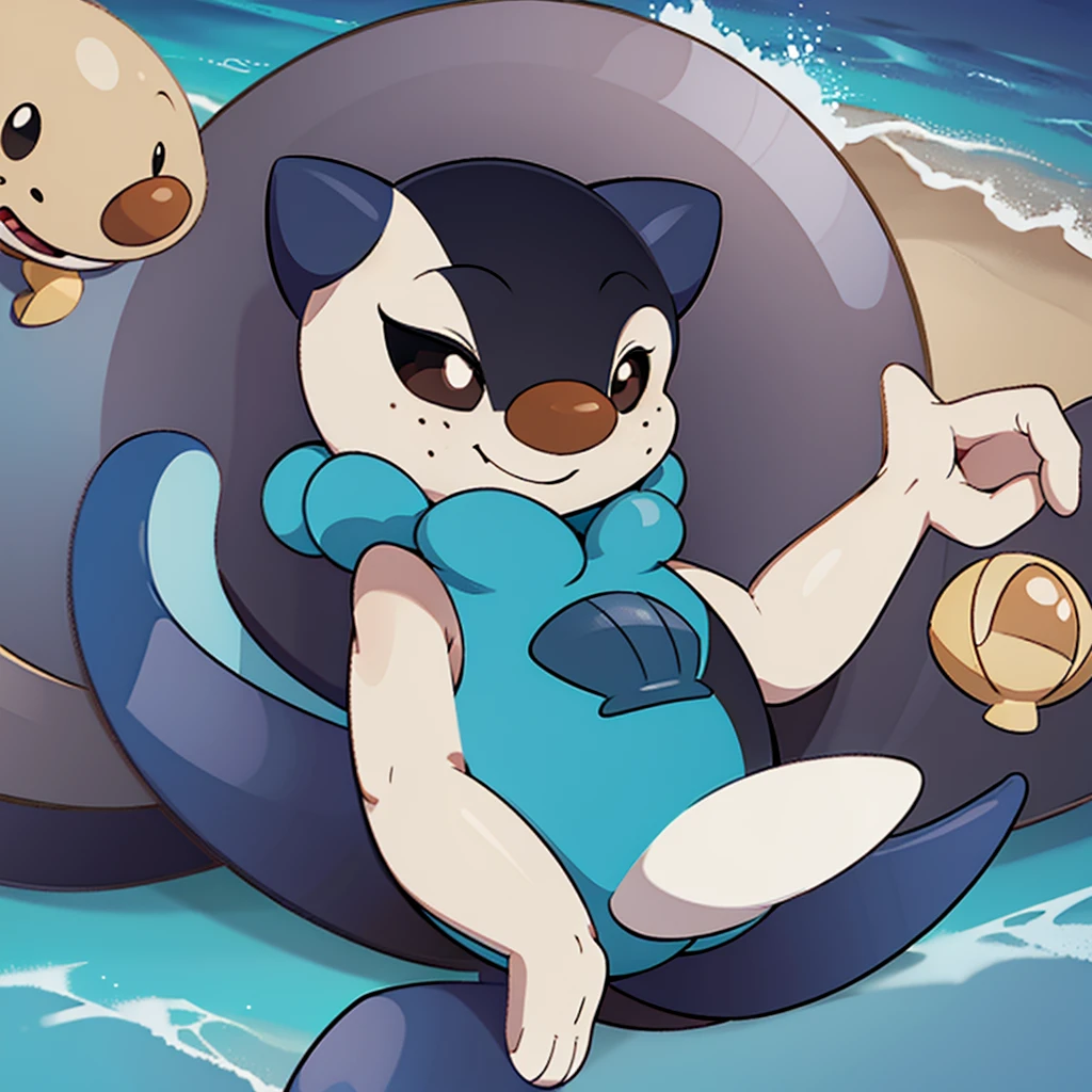 oshawott,no humans, furry, chibi, black eyes, solo, seashell, body fur, (best quality), beach background, detailed fluffy fur, looking at viewer, whiskers, smile, nose, (tail:1.1),