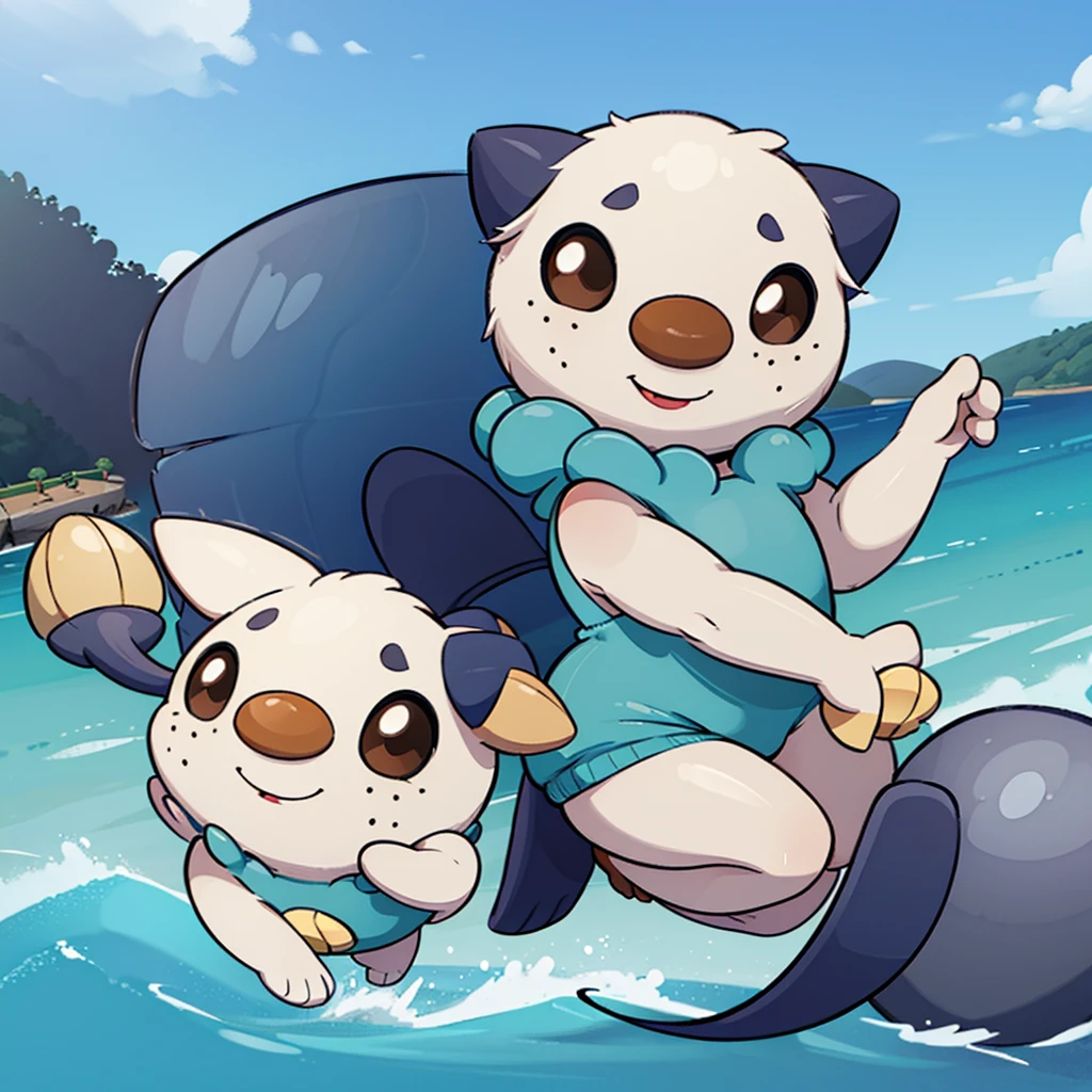 oshawott,no humans, furry, chibi, black eyes, solo, seashell, body fur, (best quality), beach background, detailed fluffy fur, looking at viewer, whiskers, smile, nose, (tail:1.1),