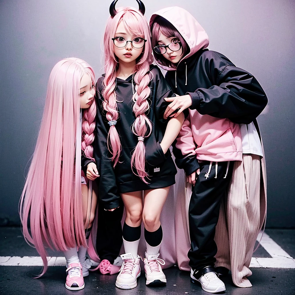 young woman, pink hair, two long braids, Little Black Horns, Spectacled, pink pupils, elastic bands on braids in the shape of an eye, white hoodie with black hood, pink and black cross on the hoodie, white and black sleeves, gray and white checkered skirt, black and pink stockings, Black sneakers, small black demon wings, Black Demon Tail
