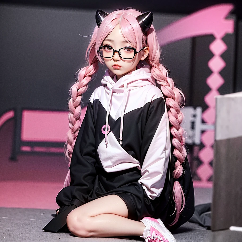 young woman, pink hair, two long braids, Little Black Horns, Spectacled, pink pupils, elastic bands on braids in the shape of an eye, white hoodie with black hood, pink and black cross on the hoodie, white and black sleeves, gray and white checkered skirt, black and pink stockings, Black sneakers, small black demon wings, Black Demon Tail