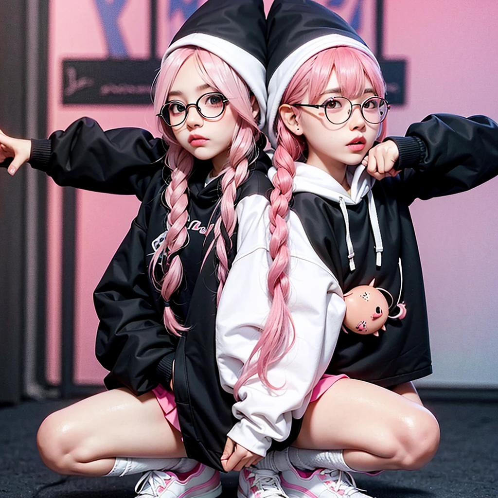 young woman, pink hair, two long braids, Little Black Horns, Spectacled, pink pupils, elastic bands on braids in the shape of an eye, white hoodie with black hood, pink and black cross on the hoodie, white and black sleeves, gray and white checkered skirt, black and pink stockings, Black sneakers, small black demon wings, Black Demon Tail