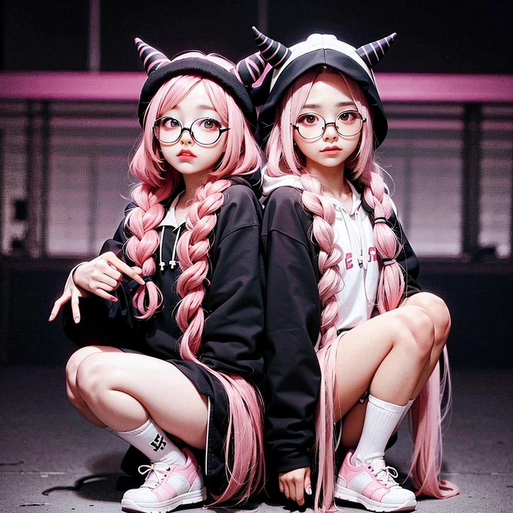 young woman, pink hair, two long braids, Little Black Horns, Spectacled, pink pupils, elastic bands on braids in the shape of an eye, white hoodie with black hood, pink and black cross on the hoodie, white and black sleeves, gray and white checkered skirt, black and pink stockings, Black sneakers, small black demon wings, Black Demon Tail