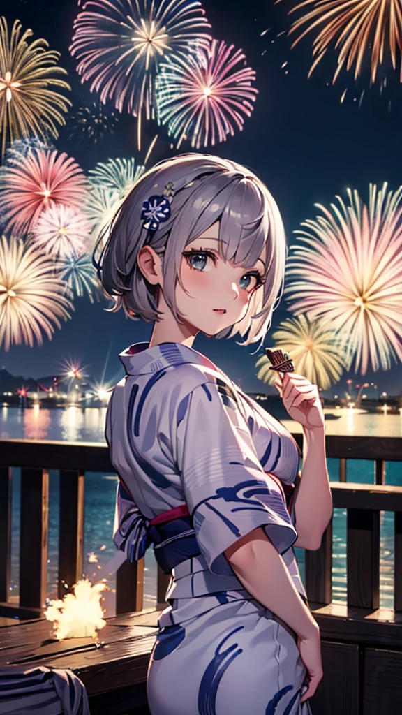Ultra-high resolution,masterpiece, Attention to detail, Highest quality, 4K,(Silver braided short bob),(Blessed,Captivating body、Ultra-detailed skin、Beautiful Eyes、Detailed Background),One girl、(yukata:1.5),firework,(大量のfirework,Night view,)
