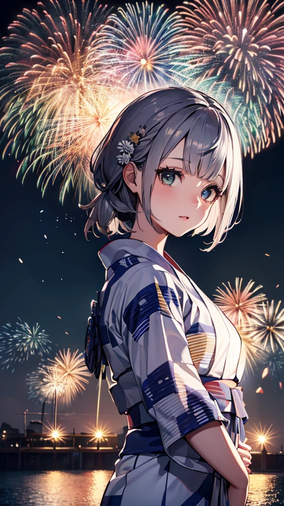 Ultra-high resolution,masterpiece, Attention to detail, Highest quality, 4K,(Silver braided short bob),(Blessed,Captivating body、Ultra-detailed skin、Beautiful Eyes、Detailed Background),One girl、(yukata:1.5),firework,(大量のfirework,Night view,)
