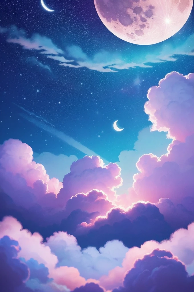 A cute illustration of the night sky with a pastel color palette. The moon (tsuki) is shining brightly among fluffy clouds, surrounded by twinkling stars. Soft and gentle hues of pink, blue, and purple dominate the scene, giving it a dreamy and whimsical feel.