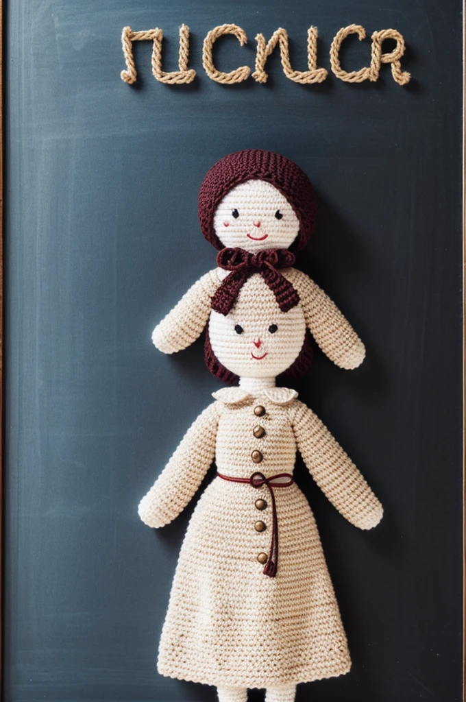 Woman design amigurumi knitted doll. On a blackboard the letters " Happy Teacher&#39;s Day"