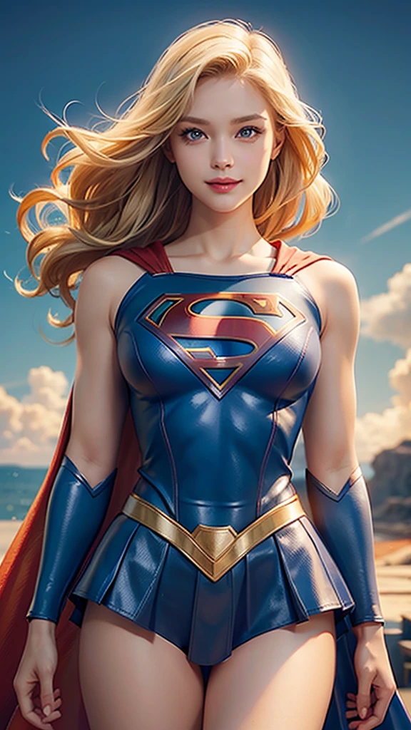 Supergirl, blond hair, big bright blues eyes, perfect curves, beautiful smile, perfect costume, realistic anatomy 