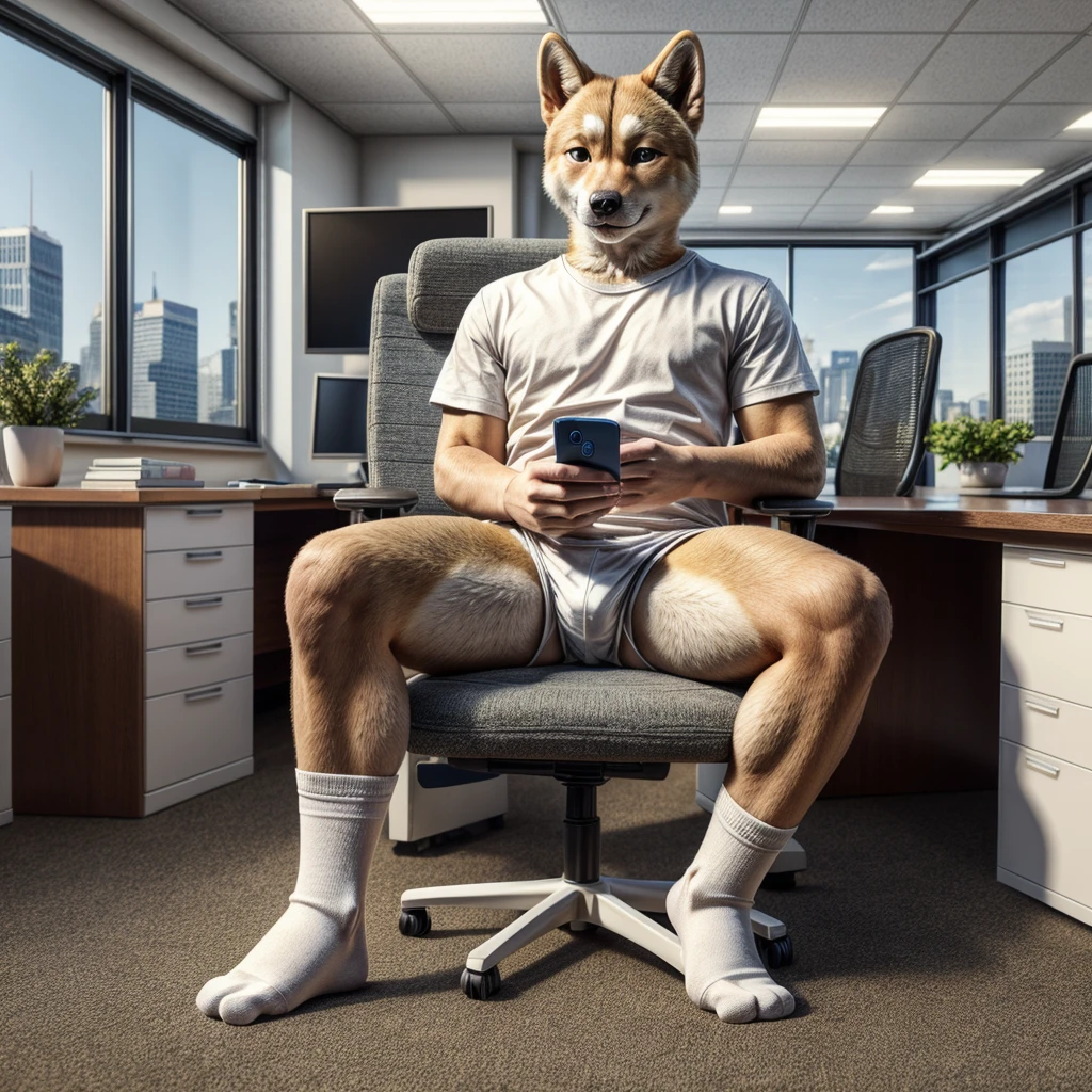 young male shiba inu with small blue eyes, no eyebrows, no pants white briefs ,white ankle socks , white shirt, highly detailed lineart, realistic feet, 4k, best quality, masterpiece,office, vivid colors, physically-based rendering , holding a phone distressed