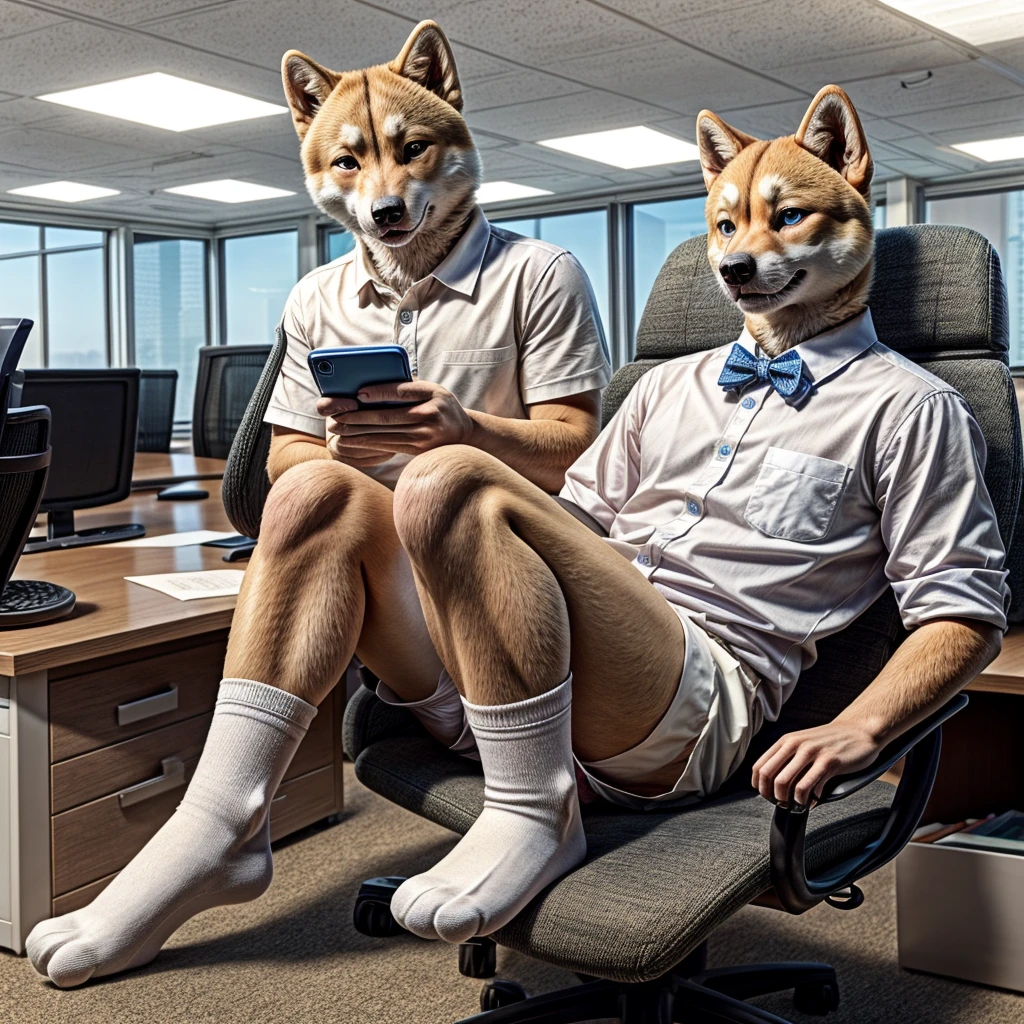 young male shiba inu with small blue eyes, no eyebrows, no pants white briefs ,white ankle socks , white shirt, highly detailed lineart, realistic feet, 4k, best quality, masterpiece,office, vivid colors, physically-based rendering , holding a phone distressed