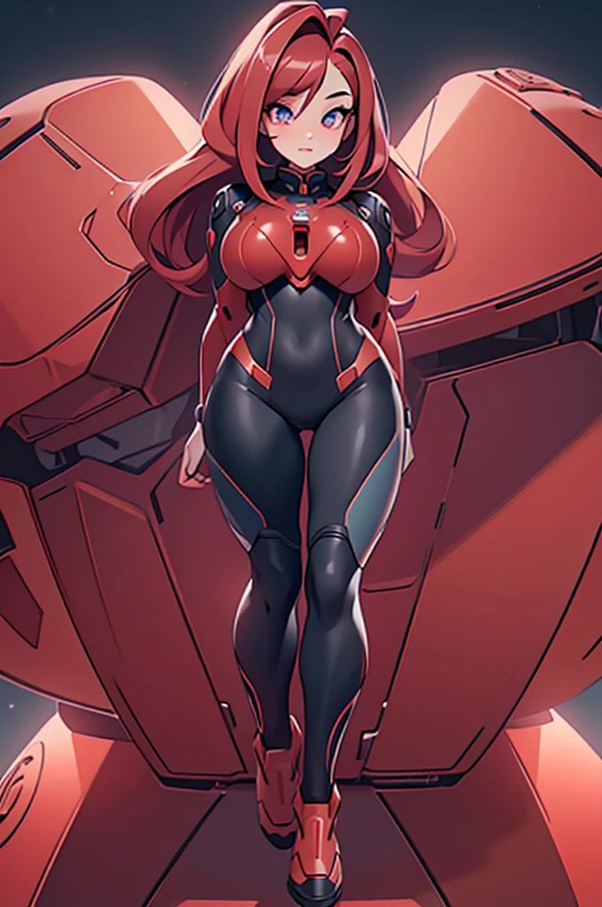 (best quality,4k,8k,highres,masterpiece:1.2), beautiful detailed eyes, beautiful detailed lips, extremely detailed eyes and face, long eyelashes, 1 teen girl, red mech suit, straight red hair, cool sci-fi lighting, space background, vibrant colors, futuristic theme, full body