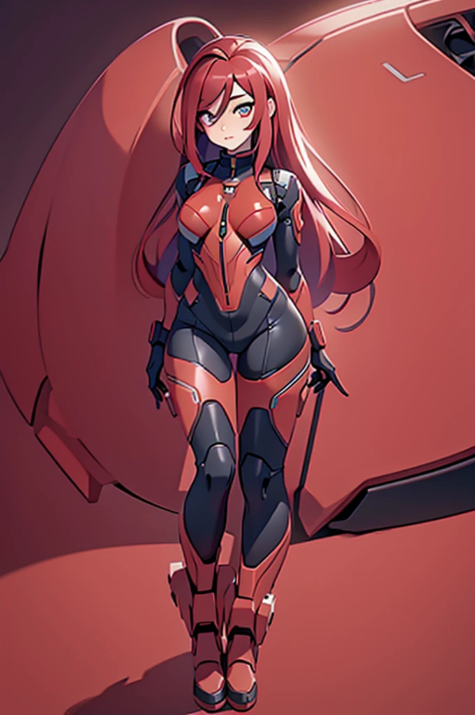 (best quality,4k,8k,highres,masterpiece:1.2), beautiful detailed eyes, beautiful detailed lips, extremely detailed eyes and face, long eyelashes, 1  girl, red mech suit, straight red hair, cool sci-fi lighting, space background, vibrant colors, futuristic theme, full body