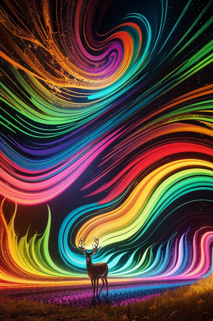 (Psychedelic paintings，A deer standing in front of a colorful swirl), ((Multiple antlers, stag, Big Head)), Vibrant colors, Thick Line, wave, Multi-layer, prospect, view, Fractal Thunder by Dan Mumford , Dan Mumford and Alex Gray style, Psychedelic surrealist art, Surreal psychedelic design, dream art style, illusion Psychedelic Art, infinite psychedelic wave, Inspired by Cyril Rolando Rolando), Realistic corrugated structure, Psychedelic Art style, Psychedelic Art, Psychedelic illustration--V6