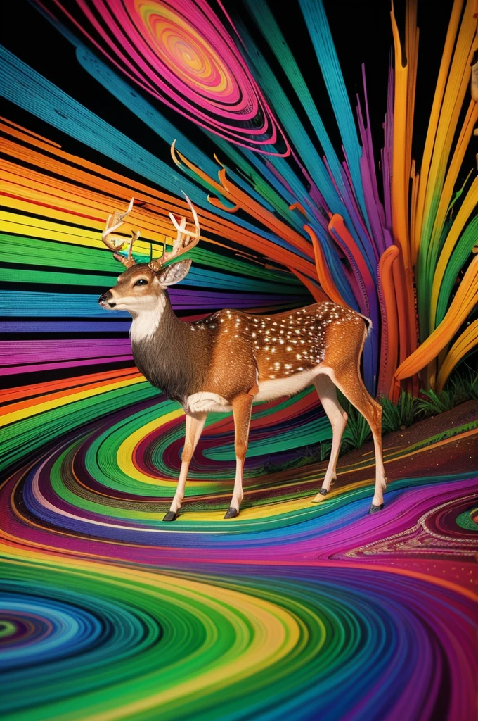 (Psychedelic paintings，A deer standing in front of a colorful swirl), ((Multiple antlers, stag, Big Head)), Vibrant colors, Thick Line, wave, Multi-layer, prospect, view, Fractal Thunder by Dan Mumford , Dan Mumford and Alex Gray style, Psychedelic surrealist art, Surreal psychedelic design, dream art style, illusion Psychedelic Art, infinite psychedelic wave, Inspired by Cyril Rolando Rolando), Realistic corrugated structure, Psychedelic Art style, Psychedelic Art, Psychedelic illustration--V6