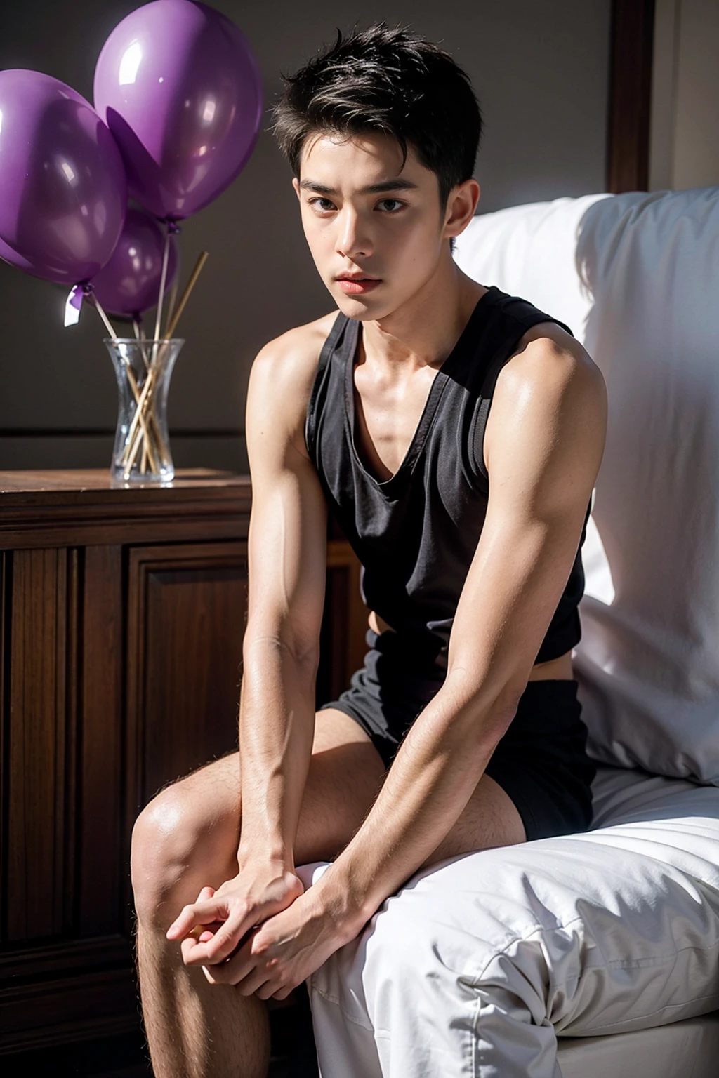 15-year-old Asian boy, He stood with his legs spread out around him. big violet balloons, wearing a tight violet Calvin Klein men's underwear and curved legs., shirtless, abs, thin body, slim body, skinny body, handsome, ager, young boy, youthful, boyish, cute, photography, realistic, big violet balloons, indoor soft lighting,(Best quality, 8k, Masterpiece).,highest detail, superior quality, natural lighting, beautiful, sexy, correct anatomy, good composition,Realistic faces, realistic shapes, realistic skin tones,Natural eyes,realistic eyes,looking up at viewer,Realistic convex crotch,realistic muscles,Realistic wrinkles on the skin,Realistic arms and legs,Realistic face,realistic hair,Make a sexy and seductive face, boy focus,amazing composition, front view, HDR, volumetric lighting, ultra quality, elegant,Realistic pose,detailed hair,full body,Fujifilm XT3 photorealistic art by midjourney