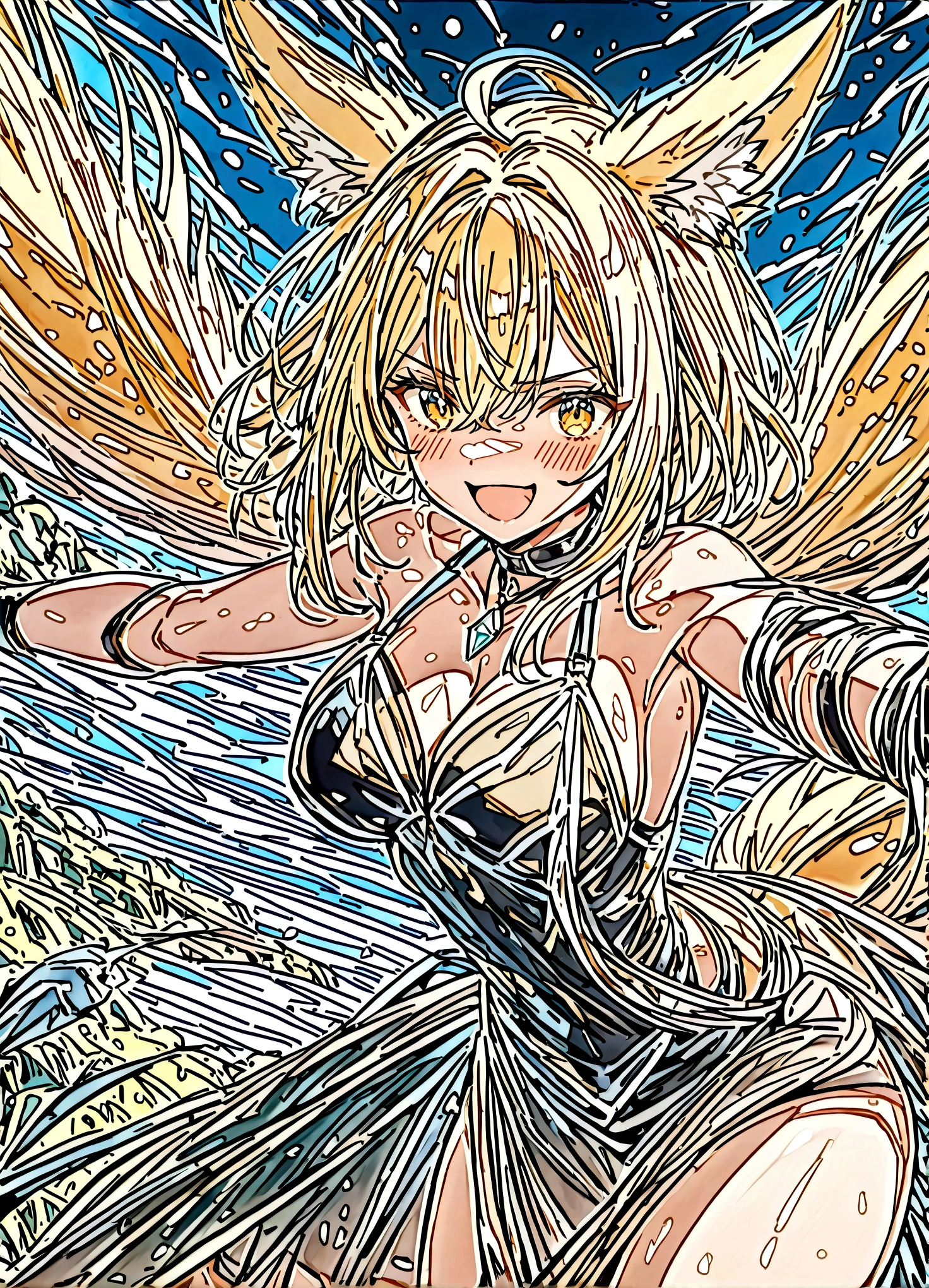 nsfw,(space action style), (Muted Tone), Delicate, Detail, Masterpiece,(colorful)illustration,(colorful)light particles, lens flare,
women with fox-ears and fox-tail,smile,
a battle for space and existence, battle,city,wood,rabbit,
sideboob,shoulders,cleavage,sideless,thighs,
Cowboy shot, close-up,from above,
dynamic angle, dynamic pose,
Artistic, memorable masterpieces, moments in history,(fantastical and mesmerizing scenery)
Watercolor:1.6, Delicate, Detail, (river-cats:1.3),warm-cats,
(masterpiece:1.2),(best quality:1.2),newest,intricate details,
fox ears, ear hair