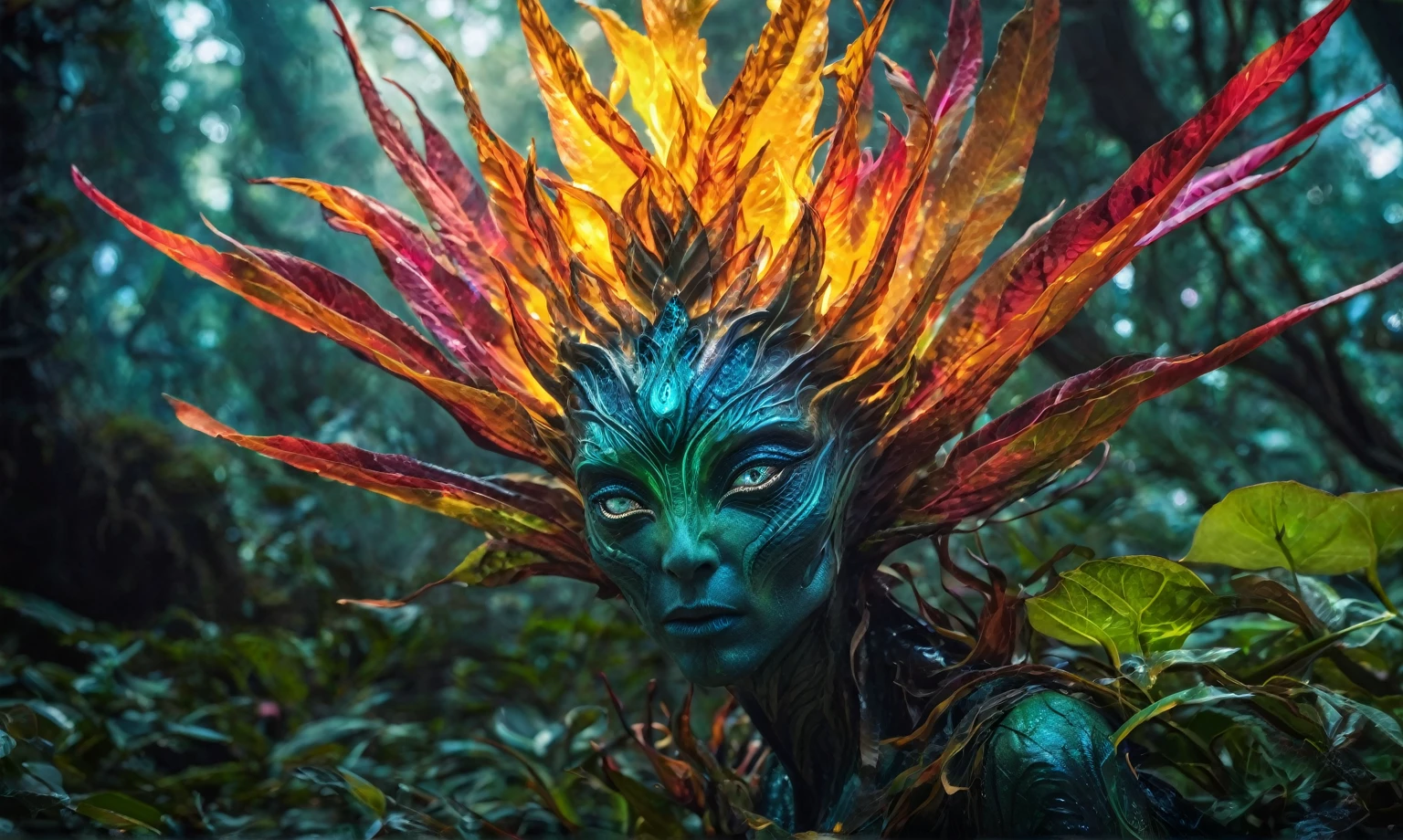 (best quality,4k,highres,masterpiece:1.2),ultra-detailed,realistic,portrait,alien,fire magic plant,unbelievable eyes,fantasy creature,glowing colors,luminous plant,extraterrestrial,flame-like leaves,surreal landscape,eerie atmosphere,otherworldly beauty,ethereal glow,unique species,magical powers,mysterious entity,dreamlike scene,fantastic species,enchanted forest,unearthly presence,mesmerizing gaze,unconventional appearance,radiant energy,powerful aura,magical essence,cosmic being,other-dimensional,mythical plant,unexplained phenomenon,colorful blooms,unleashing power,darkness and light,hidden secrets,unveiling mysteries,secrets of the universe,living masterpiece,manifestation of magic,Mestichino,Light particles,marble leather ,ink photography 