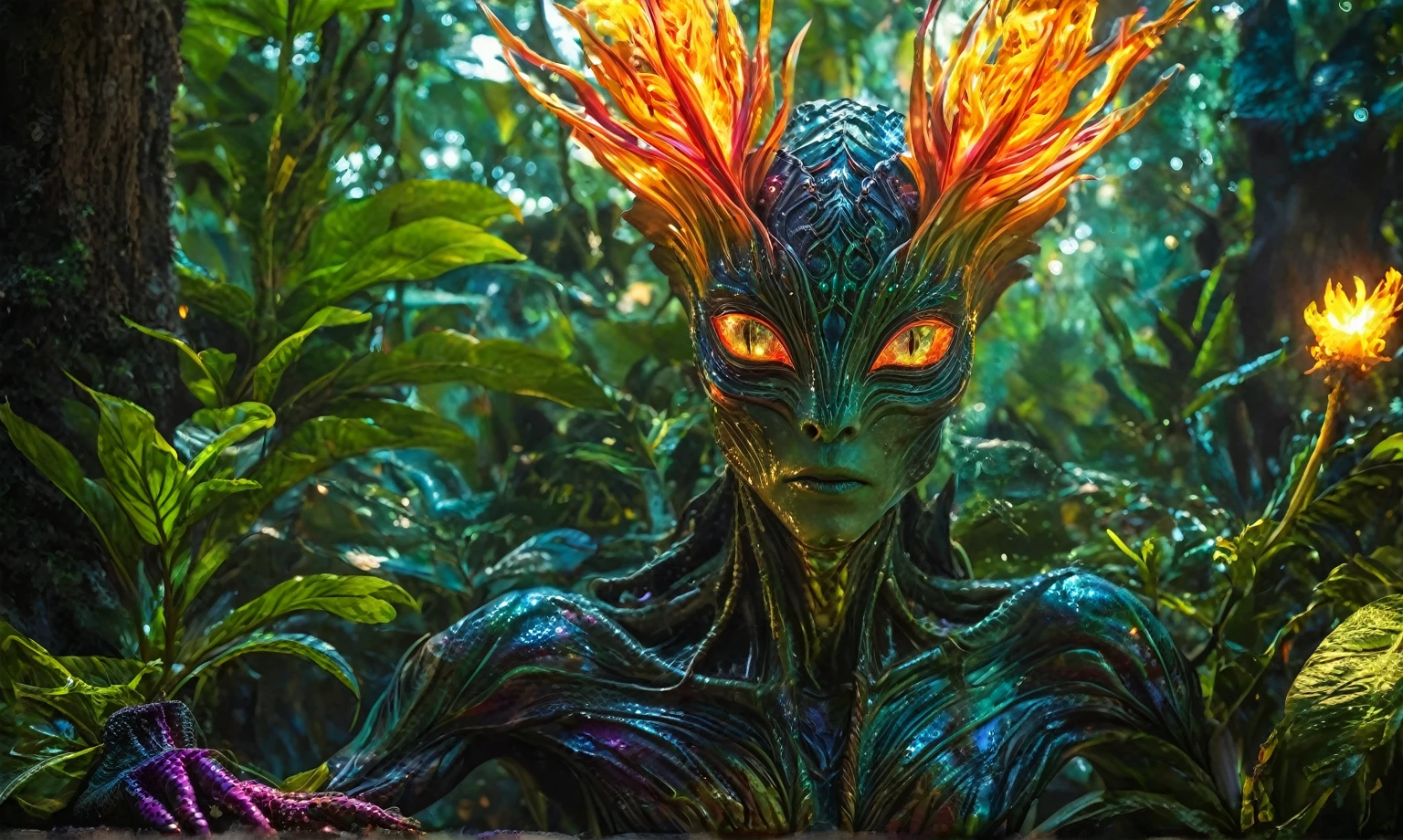 (best quality,4k,highres,masterpiece:1.2),ultra-detailed,realistic,portrait,alien,fire magic plant,unbelievable eyes,fantasy creature,glowing colors,luminous plant,extraterrestrial,flame-like leaves,surreal landscape,eerie atmosphere,otherworldly beauty,ethereal glow,unique species,magical powers,mysterious entity,dreamlike scene,fantastic species,enchanted forest,unearthly presence,mesmerizing gaze,unconventional appearance,radiant energy,powerful aura,magical essence,cosmic being,other-dimensional,mythical plant,unexplained phenomenon,colorful blooms,unleashing power,darkness and light,hidden secrets,unveiling mysteries,secrets of the universe,living masterpiece,manifestation of magic,Mestichino,Light particles,marble leather ,ink photography