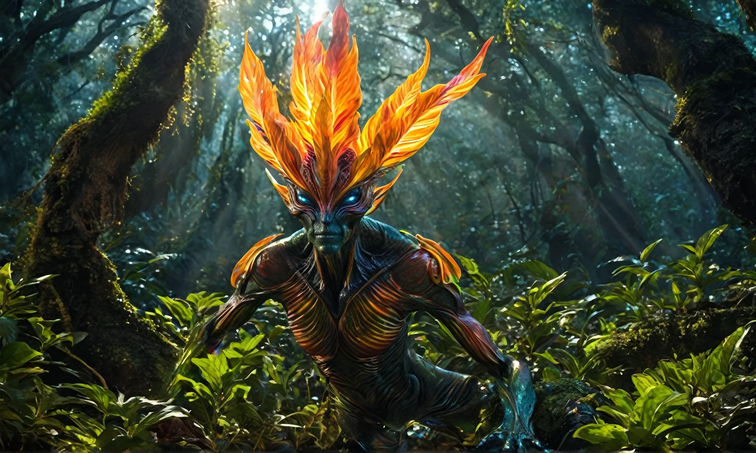 (best quality,4k,highres,masterpiece:1.2),ultra-detailed,realistic,portrait,alien,fire magic plant,unbelievable eyes,fantasy creature,glowing colors,luminous plant,extraterrestrial,flame-like leaves,surreal landscape,eerie atmosphere,otherworldly beauty,ethereal glow,unique species,magical powers,mysterious entity,dreamlike scene,fantastic species,enchanted forest,unearthly presence,mesmerizing gaze,unconventional appearance,radiant energy,powerful aura,magical essence,cosmic being,other-dimensional,mythical plant,unexplained phenomenon,colorful blooms,unleashing power,darkness and light,hidden secrets,unveiling mysteries,secrets of the universe,living masterpiece,manifestation of magic,Mestichino,Light particles,marble leather ,ink photography