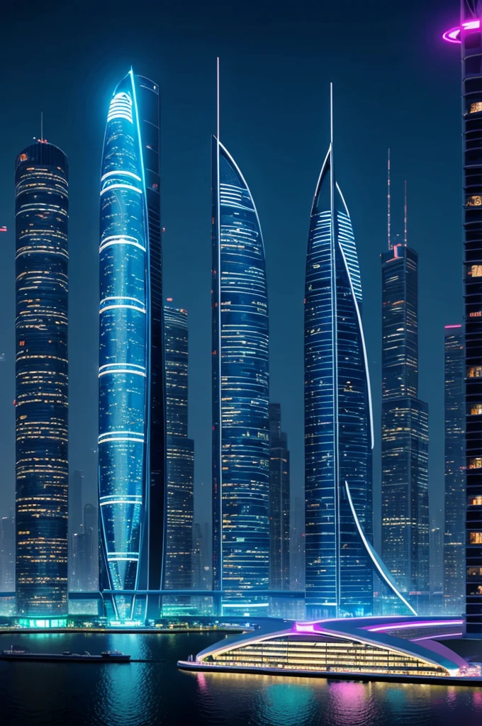 Draw me models of modern and futuristic pointed curved curved ultra-thin skyscrapers with neon lights