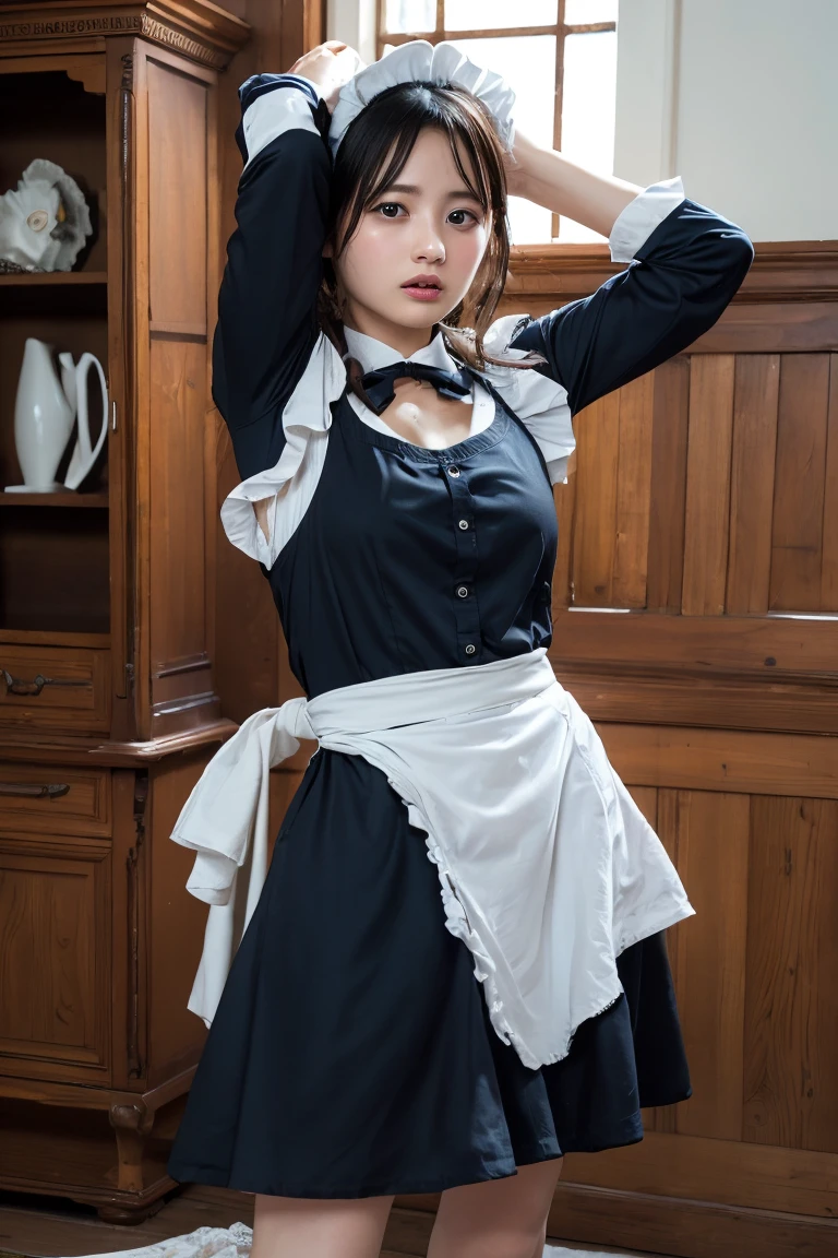 masterpiece, Highest quality, High resolution, 18+ Adult content, Sensual, Intimate, Emotional, Passionate, romantic, sweet, Adorable, Innocent, Pure, Fascinating, Fascinating, attractive, Mysterious, Fascinating, Fascinating, Immersive, Fascinating, dream-like, Surreal, Imaginative, Whimsical, artistic, Avant-garde, timeless, elegant, Sophisticated, chic, Sophisticated, Individuality, original, Fascinating,((Maid clothes:1.3))、Raise your arms to show your sides
