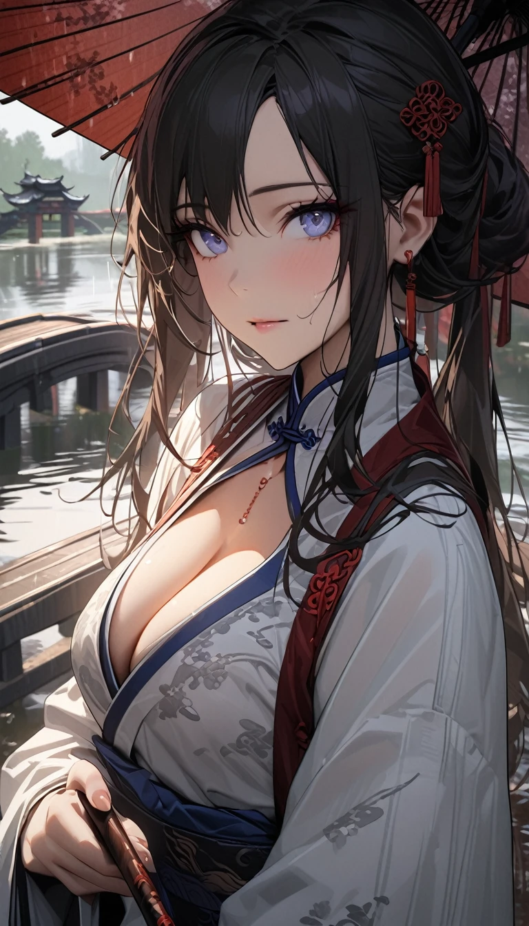 Chinese style，White Hanfu，Bai Suzhen holding an oil-paper umbrella，West Lake，bridge，Rainy Day，beautiful，Keen gaze，Half body，Close-up cleavage，Ultrafine，The hair is very detailed，The eyes are very detailed，Best quality，masterpiece，detailed，precise