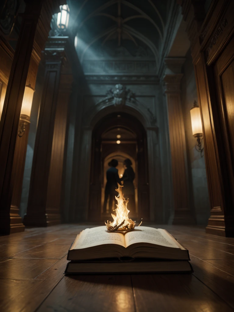 olde book, cracked leather cover, pages with enigmatic glowing symbols, slowly catching fire, 4k, best quality, ultra-detailed, photorealistic, dark moody lighting, dramatic chiaroscuro, cinematic composition, atmospheric, mystical, occult, horror, fantasy