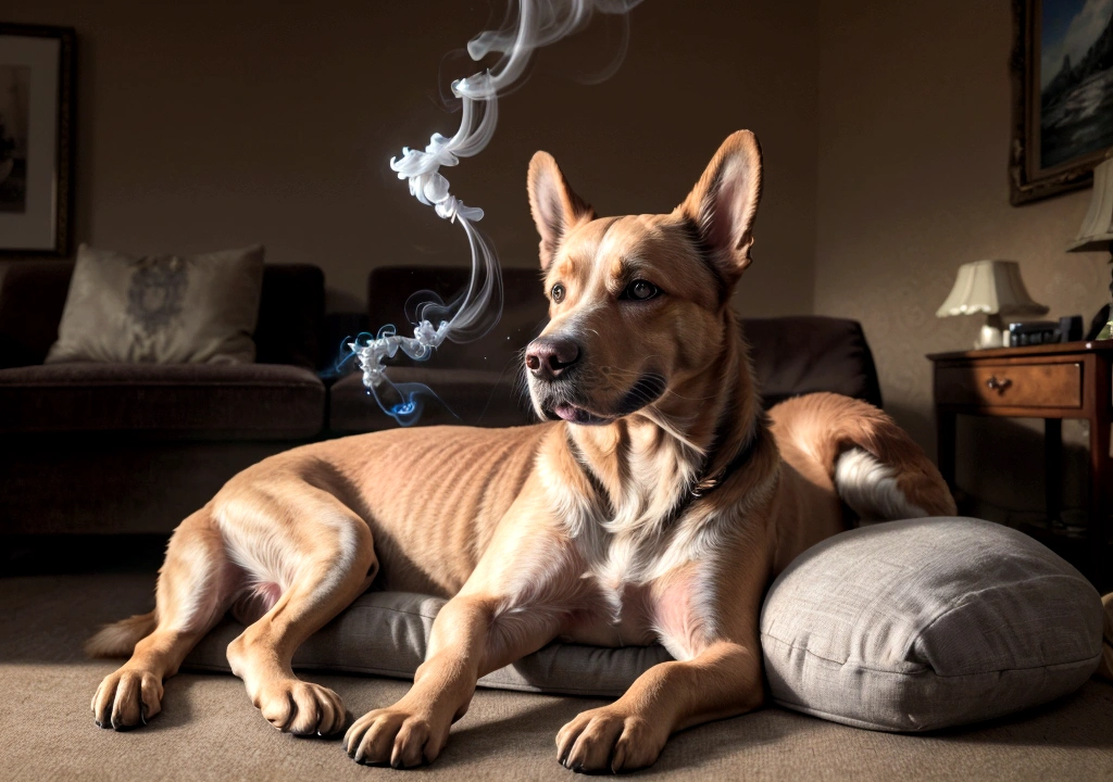 (best quality, 4k, 8k, high resolution, masterpiece: 1.2), ultra detailed, (realistic, photorealistic, photorealistic: 1.37), dog lying in the living room, with glowing mistical smoke around all its body. A wonderful award-winning image