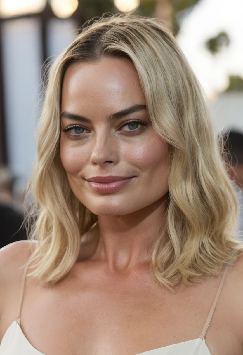  (( high quality random Erotic celebrity  shot ))  , 40yo woman ( full upper body shot, Margot Robbie, smiling  , woman, middle aged woman, realistic babe )  ,tight sweaty silk top, extremely realistic skin texture , extremely erotic , tall woman, fit fleshy figure ,  tired woman, shiny sweaty skin , vacation side public   background , woman, hollywood actress,  erotic angle (  depth of field, detailed face  insanely detailed skin texture, hyper detailed features )