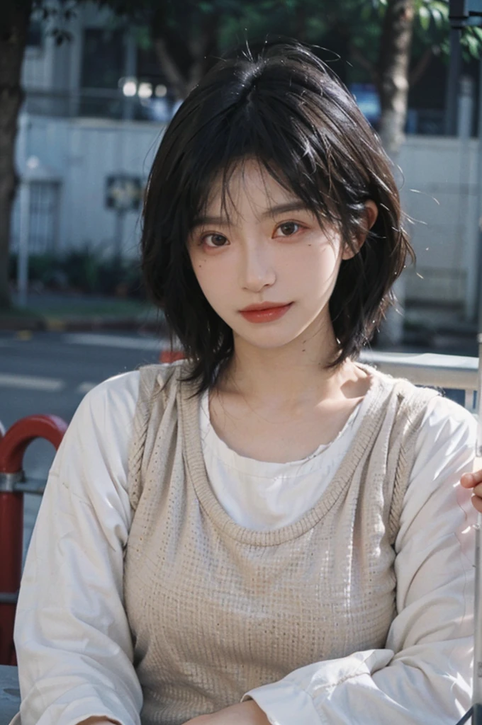 (Skin details:1.4), (smooth skin textures:1.3), Lipstick, background, earrings, serene, calm, (Realistic and detailed eyes:1.2), Natural skin texture, Realistic facial details, Soft dramatic lighting, Vivid details, 35 mm film, outdoor, (Photo Practical:1.4), (hyper Practical:1.4), (Practical:1.3), (Smoother lighting:1.05), (Improve lighting quality:0.9), (Highest quality real skin textures:1.4), Exquisite eyes, Delicate face, Close-up of face, (Enhance the beauty of skin texture:1.1), Hair details, Vest,normal body ratio, short hair, Moles under the eyes, thinking, A faint smile,公园background,Portrait Photography, Depth of Field, Bokeh, Surrealism, Ray Tracing, (Portrait Photography:1.1), Surrealism, High Detail, Chiaroscuro, Ray Tracing, reflected light, Ultra HD, Ultra HD, masterpiece, Textured Skin, Super Detail, High Detail, high quality, best quality