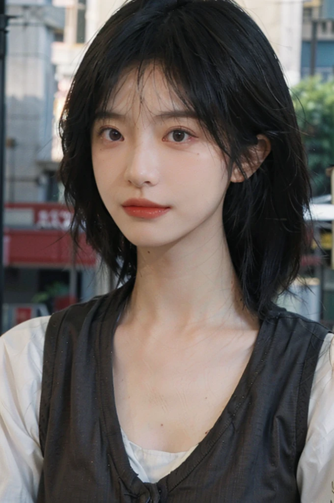(Skin details:1.4), (smooth skin textures:1.3), Lipstick, background, earrings, serene, calm, (Realistic and detailed eyes:1.2), Natural skin texture, Realistic facial details, Soft dramatic lighting, Vivid details, 35 mm film, outdoor, (Photo Practical:1.4), (hyper Practical:1.4), (Practical:1.3), (Smoother lighting:1.05), (Improve lighting quality:0.9), (Highest quality real skin textures:1.4), Exquisite eyes, Delicate face, Close-up of face, (Enhance the beauty of skin texture:1.1), Hair details, Vest,normal body ratio, short hair, Moles under the eyes, thinking, A faint smile,公园background,Portrait Photography, Depth of Field, Bokeh, Surrealism, Ray Tracing, (Portrait Photography:1.1), Surrealism, High Detail, Chiaroscuro, Ray Tracing, reflected light, Ultra HD, Ultra HD, masterpiece, Textured Skin, Super Detail, High Detail, high quality, best quality