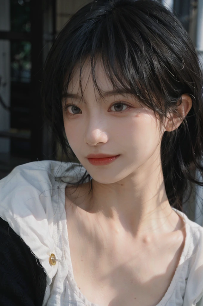 (Skin details:1.4), (smooth skin textures:1.3), Lipstick, background, earrings, serene, calm, (Realistic and detailed eyes:1.2), Natural skin texture, Realistic facial details, Soft dramatic lighting, Vivid details, 35 mm film, outdoor, (Photo Practical:1.4), (hyper Practical:1.4), (Practical:1.3), (Smoother lighting:1.05), (Improve lighting quality:0.9), (Highest quality real skin textures:1.4), Exquisite eyes, Delicate face, Close-up of face, (Enhance the beauty of skin texture:1.1), Hair details, Vest,normal body ratio, short hair, Moles under the eyes, thinking, A faint smile,公园background,Portrait Photography, Depth of Field, Bokeh, Surrealism, Ray Tracing, (Portrait Photography:1.1), Surrealism, High Detail, Chiaroscuro, Ray Tracing, reflected light, Ultra HD, Ultra HD, masterpiece, Textured Skin, Super Detail, High Detail, high quality, best quality