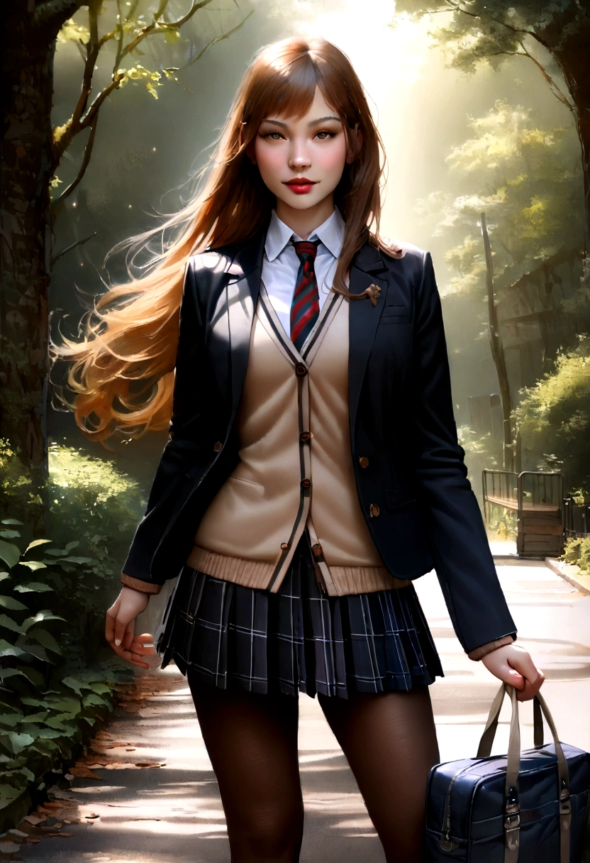 Best quality,masterpiece,ultra high res,raw photo,detail face,detailed skin,(realistic, photo-realistic:1.3),dramatic lighting,light on face,1girl,solo,cowboy shot,standing,Copper Hair,Forest,outdoors,looking at viewer,smile,long hair,bangs,ature female,milf,narrow waist,skinny,open clothes,black pantyhose,black jacket,,long sleeves,sleeves past wrists,collared shirt,pleated skirt,black skirt,miniskirt,plaid skirt,bag,shoes,black footwear,blazer,cardigan,plaid,school bag,necktie,high school,street,tree,lens flare,wind,
filmg,mix4,