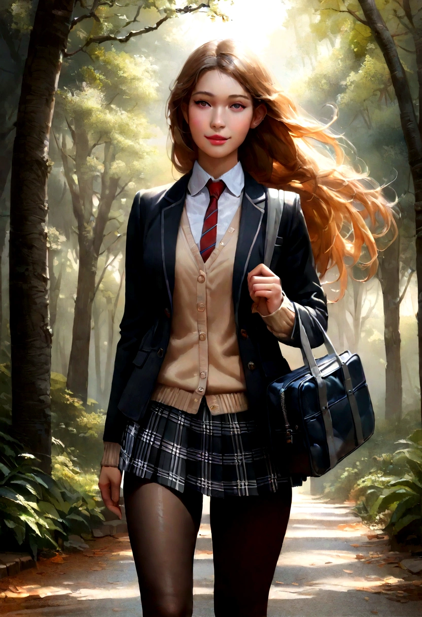 Best quality,masterpiece,ultra high res,raw photo,detail face,detailed skin,(realistic, photo-realistic:1.3),dramatic lighting,light on face,1girl,solo,cowboy shot,standing,Copper Hair,Forest,outdoors,looking at viewer,smile,long hair,bangs,ature female,milf,narrow waist,skinny,open clothes,black pantyhose,black jacket,,long sleeves,sleeves past wrists,collared shirt,pleated skirt,black skirt,miniskirt,plaid skirt,bag,shoes,black footwear,blazer,cardigan,plaid,school bag,necktie,high school,street,tree,lens flare,wind,
filmg,mix4,