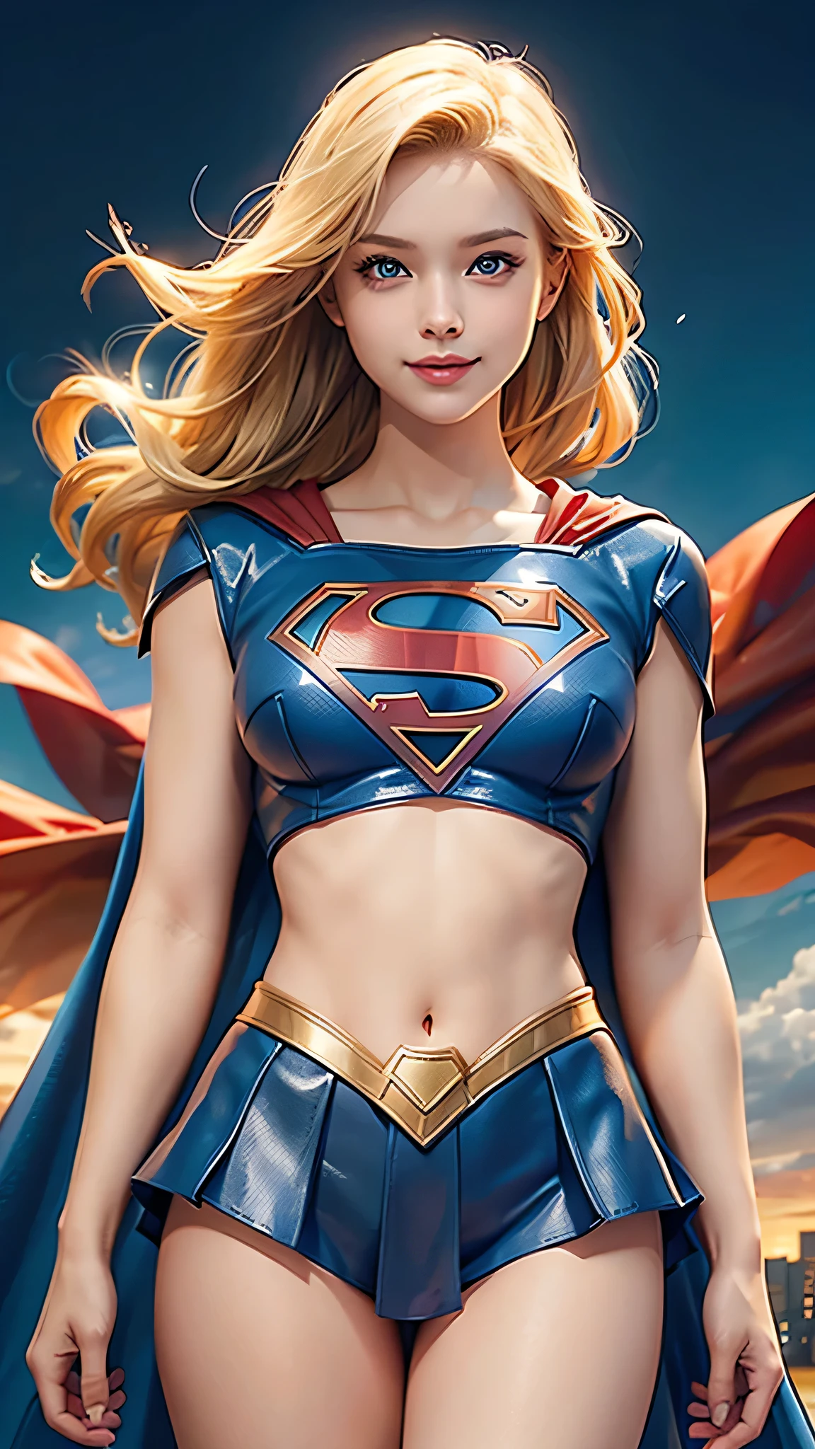 Supergirl, blond hair, big bright blues eyes, perfect curves, beautiful smile, perfect costume, realistic anatomy 