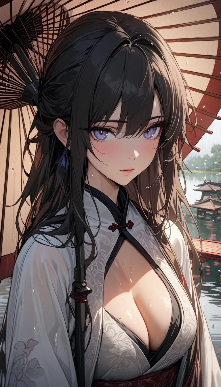 Chinese style,White Hanfu,Bai Suzhen holding an oil-paper umbrella,West Lake,bridge,Rainy Day,beautiful,Keen gaze,Half body,Close-up cleavage,Ultrafine,The hair is very detailed,The eyes are very detailed,Best quality,masterpiece,detailed,precise