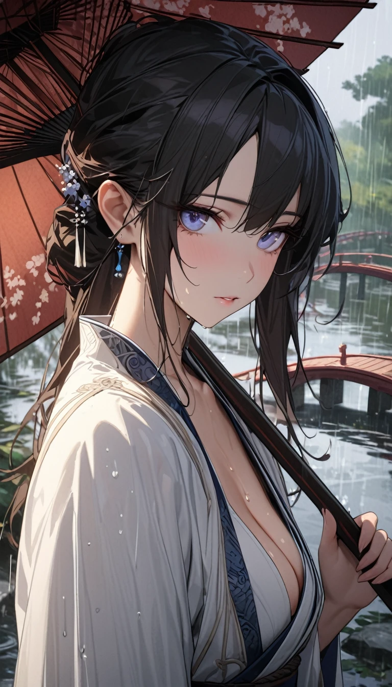 Chinese style,White Hanfu,Bai Suzhen holding an oil-paper umbrella,West Lake,bridge,Rainy Day,beautiful,Keen gaze,Half body,Close-up cleavage,Ultrafine,The hair is very detailed,The eyes are very detailed,Best quality,masterpiece,detailed,precise