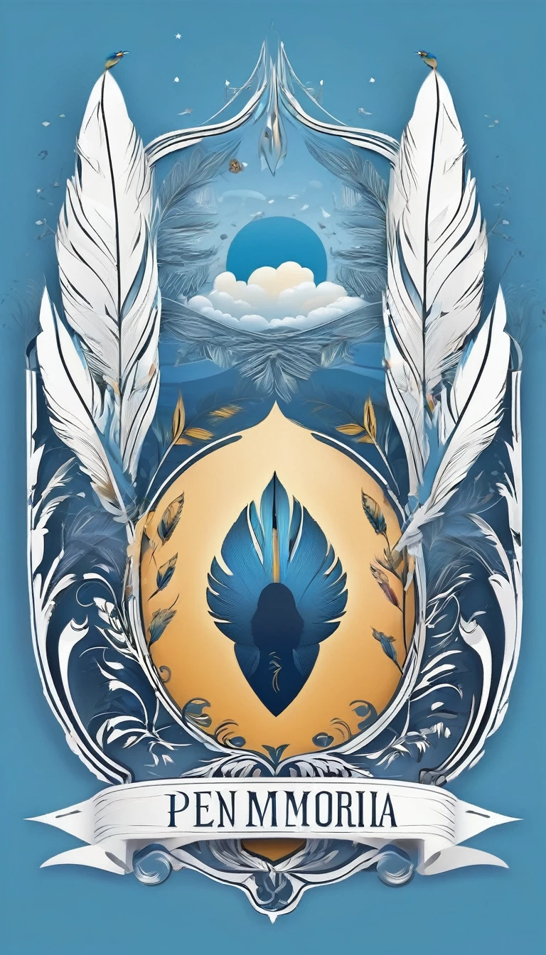 Create a minimalistic, simple, fantastic, easy to understand, logo design of a boy and a feather for an upcoming Brand called " Penamemoria". Create the logo in the center. A fantasy theme with birds and feathers as background, blue sky, white clouds. Use the colours light blue, white, golden in the logo. The logo design must convey a sense of storytelling, memories, dreams and music. Must convey a feeling of being a true Dreamer.