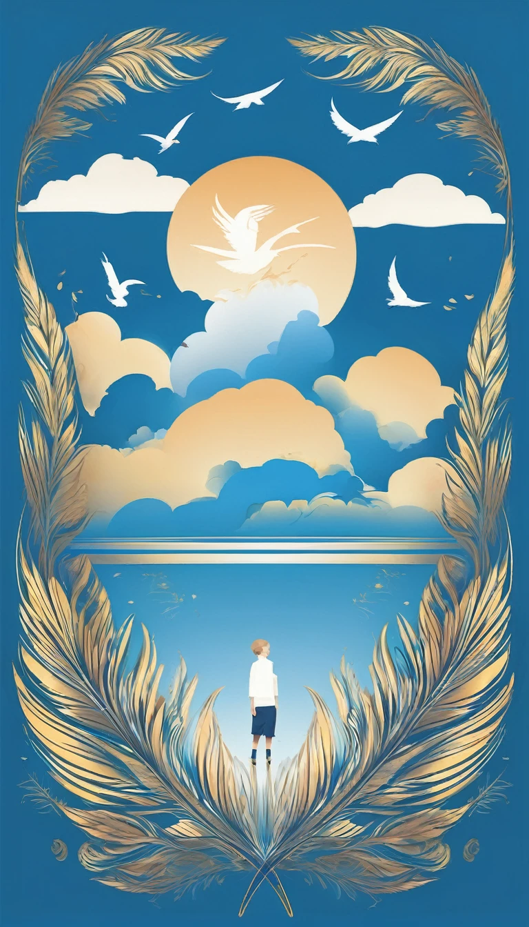 Create a minimalistic, simple, fantastic, easy to understand, logo design of a boy and a feather for an upcoming Brand called " Penamemoria". Create the logo in the center. A fantasy theme with birds and feathers as background, blue sky, white clouds. Use the colours light blue, white, golden in the logo. The logo design must convey a sense of storytelling, memories, dreams and music. Must convey a feeling of being a true Dreamer.