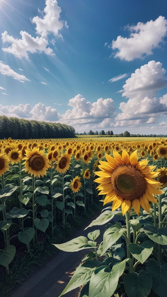 a field of sunflowers, sunflowers, sunflower field, beautiful sunflowers, sunflower petals, sunflower stalks, sunflowers blooming, sunflowers in the field, sunflowers against blue sky, warm golden sunlight, vibrant colors, lush greenery, detailed sunflowers, (best quality,8k,highres,masterpiece:1.2),ultra-detailed,(realistic,photorealistic,photo-realistic:1.37),stunning landscape,breathtaking scenery,natural lighting,serene atmosphere,pastoral scene