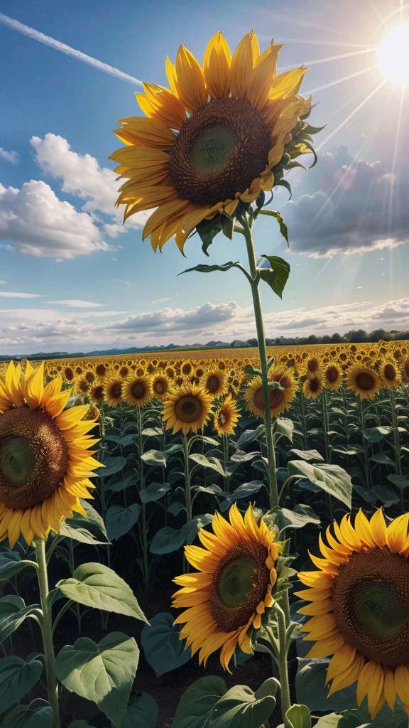 a field of sunflowers, sunflowers, sunflower field, beautiful sunflowers, sunflower petals, sunflower stalks, sunflowers blooming, sunflowers in the field, sunflowers against blue sky, warm golden sunlight, vibrant colors, lush greenery, detailed sunflowers, (best quality,8k,highres,masterpiece:1.2),ultra-detailed,(realistic,photorealistic,photo-realistic:1.37),stunning landscape,breathtaking scenery,natural lighting,serene atmosphere,pastoral scene