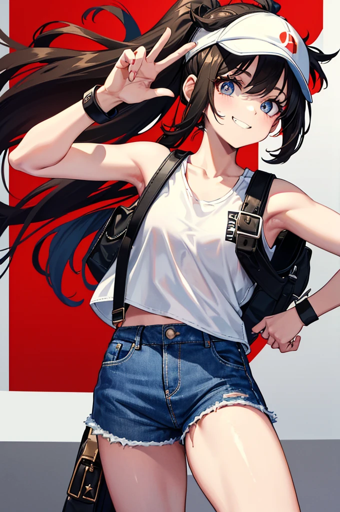 This character is a young girl with long brown hair tied in a high ponytail. She wears a white cap with a red symbol, a white tank top, a black sleeveless jacket, ripped denim shorts and black bracelets. She also has a gray shoulder bag. Her eyes are big and blue, and she makes a peace sign with her left hand, while smiling.